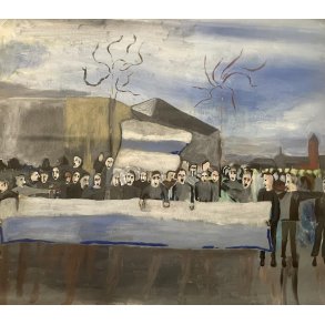 Fodboldmaleri Fans med bannere ved stadion / M�l: Ca. 51 x 58,5 cm.